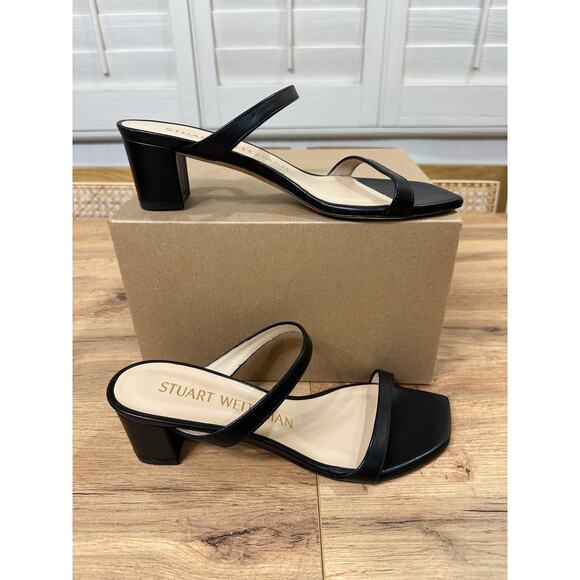 Stuart Weitzman Aleena 50 Block Heel Sandals Black Leather Size 8.5 NWOB Sleek - Picture 3 of 11